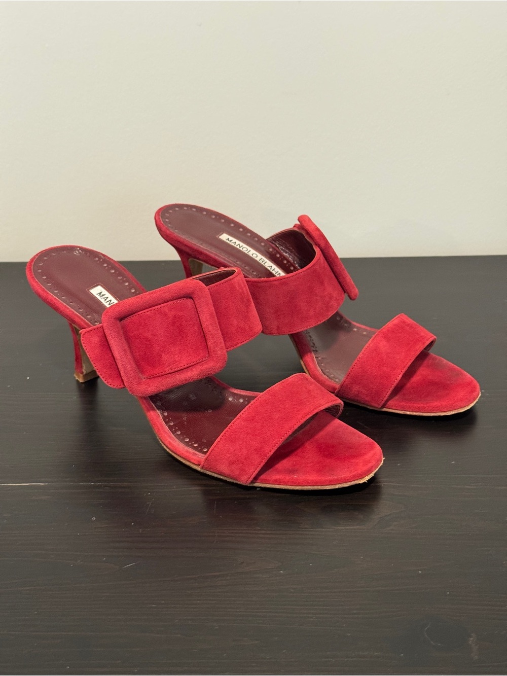 Manolo Blahnik Suede Gable Buckle Stiletto Mules Burgundy - EU 39 / US 8.5–9